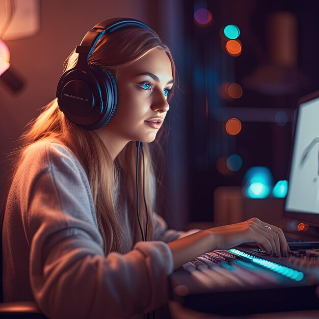 Indywidualna kobieta korzystająca z komputera w nocy i słuchająca muzyki przez słuchawki