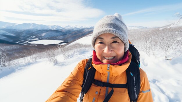 Influencer podróżny robiący selfie podczas podróży w sezonie zimowym plecak na alpach górska uroczość