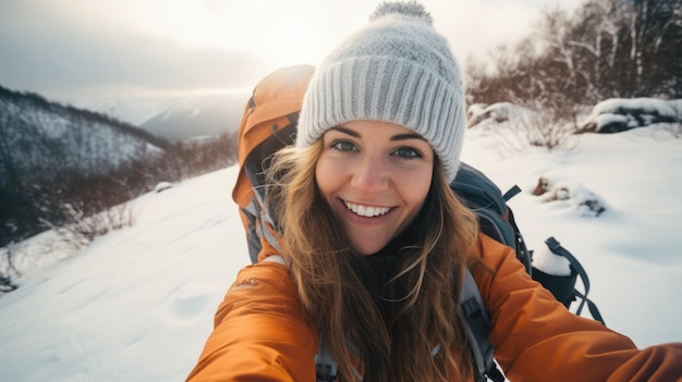 Influencer Podróżny Robiący Selfie Podczas Podróży W Sezonie Zimowym