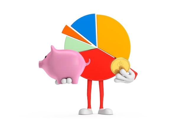 Info Graphics Business Pie Chart Chart Osoba z Piggy Bank i Golden Dollar Coin renderowania 3d