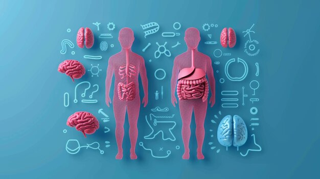 Zdjęcie infografika ludzkich narządów wewnętrznych nowoczesna płaska ilustracja mężczyzna i kobieta sylwetka czerwony symbol mózgu i układu nerwowego zaprojektowany do opieki zdrowotnej edukacji nauki i neurologii