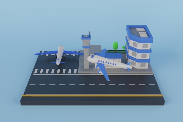 Infrastruktura terminala lotniskowego 3D. Zaparkowane samoloty z pomostami, samoloty usług pocztowych