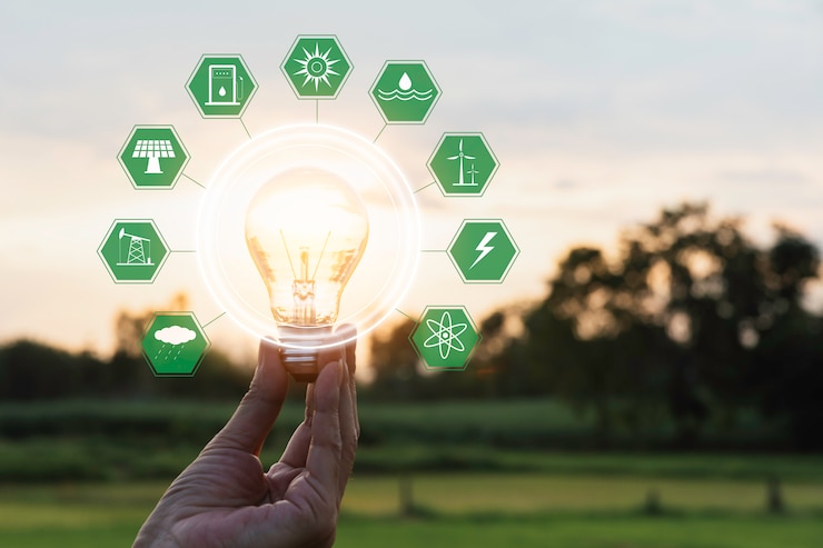 Zdjęcie innowacja i koncepcja energii ręki trzymają żarówkę i kopiują przestrzeń na wstawianie tekstu.