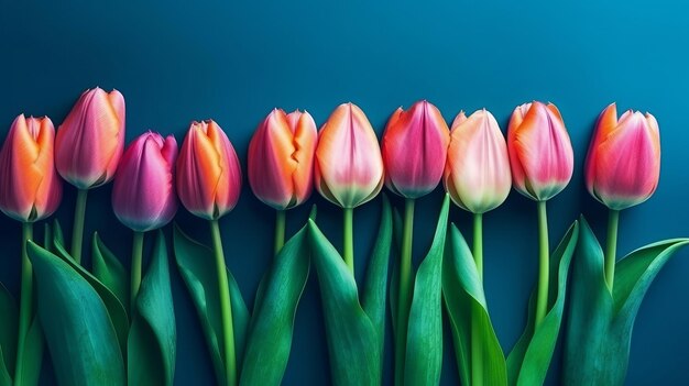 Innowacyjna aranżacja wykonana z wiosennych kwiatów tulipanów na niebieskim papierze Zasoby kreatywne AI Generated