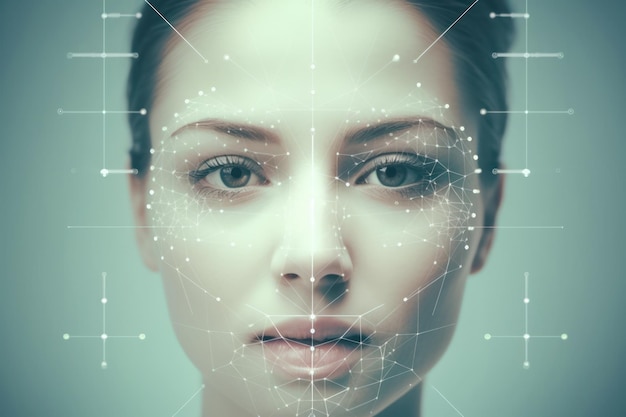 Innowacyjna i technologiczna twarz kobiety jest skanowana w celu rozpoznania twarzy i identyfikacji biometrycznej