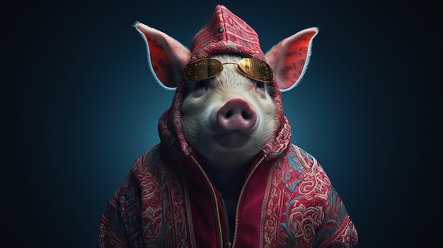 Innowacyjna świnia w futrzanej kurtce inspirowana orientalnym hiphopem