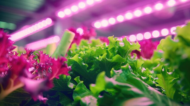 Zdjęcie innowacyjne indoor vertical farming z oświetleniem led przedstawia zrównoważone rolnictwo