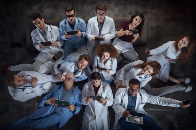 Zdjęcie innowacyjne uczenie się top view of technologicallyequipped medical students in college