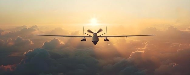 Zdjęcie innowacyjny wojskowy dron latający przez chmury symbolizujący zaawansowaną technologię koncepcja technologia drony wojskowe chmury innowacji
