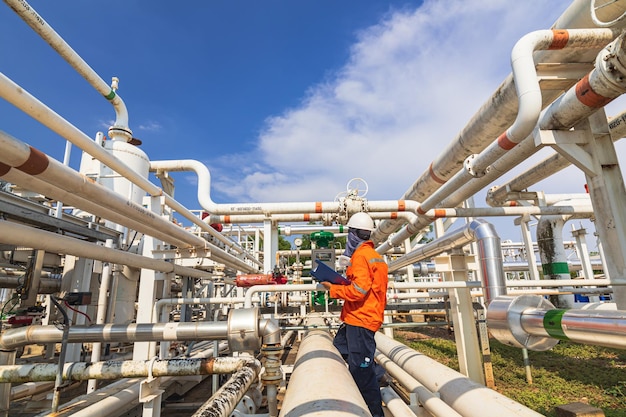 Inspekcja męskiego pracownika na zaworze kontroli wizualnej zapisu ropy naftowej i gazu w rurociągu