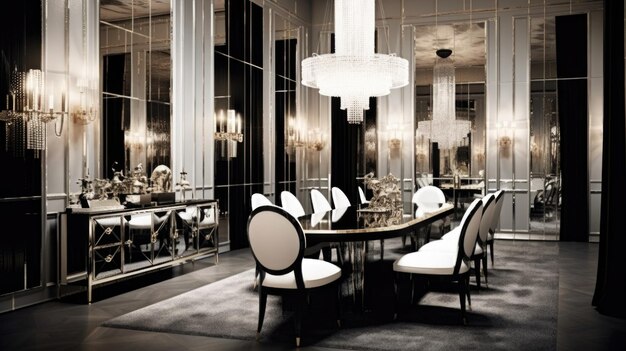Inspiracja do projektowania wnętrz w stylu Art Deco Urok domowej jadalni w stylu efektownym ozdobiony szkłem i lustrzanym materiałem oraz żyrandolem w stylu Art Deco Generative AI wystrój wnętrz domu