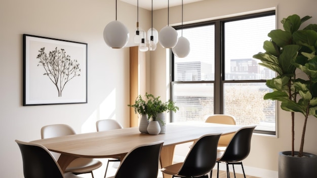 Inspiracja do projektowania wnętrz w stylu skandynawskim MidCentury Modern, piękna jadalnia w domu ozdobiona drewnem i skórą oraz wyrazisty żyrandol Generative AI wystrój wnętrz domu