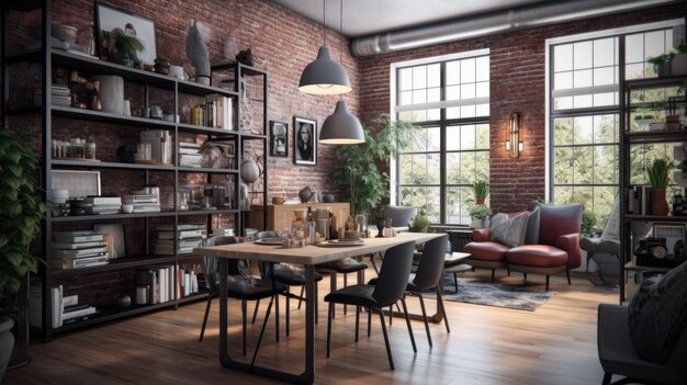 Inspiracja projektowania wnętrz Industrial MidCentury Modern style home dining room piękność ozdobiona materiałem metalowym i skórzanym i Pendant Light Generative AI home interior design