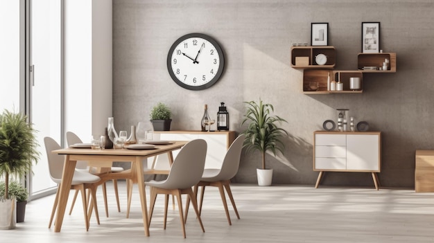 Inspiracja projektowania wnętrz w stylu skandynawskim MidCentury domowa jadalnia piękność ozdobiona materiałem drewnianym i tkaninowym i krzesło oświadczenia Generatywne projektowanie wnętrz domu AI