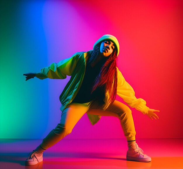 Inspiracja Stylowa sportowa dziewczyna tańczy hiphop w stylowych ubraniach na kolorowym tle