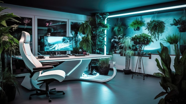 Inspiracyjny projekt wnętrz biurowych w stylu inspirowanym technologią Biuro z futurystyczną architekturą projektową Generatywna AI AIG 31