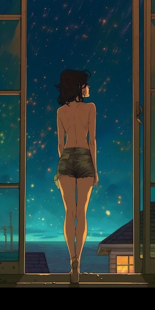 Inspirowana anime kobieta obserwująca gwiazdy na parapecie