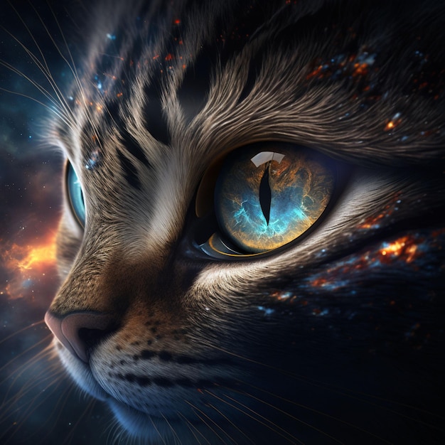 Inspirowana kosmosem twarz kota z pięknymi oczami