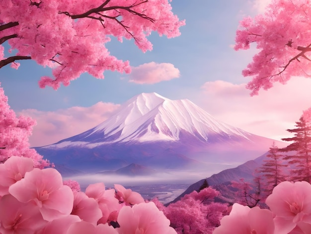 Inspirowana różem górska tapeta Fuji w stylu wiśniowego drzewa