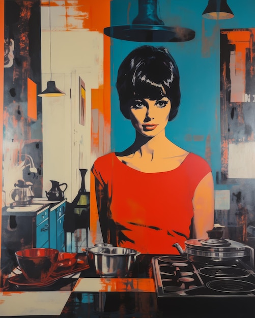 Inspirowana stylem retro ilustracja kobiety z lat 60. w żywych kolorach