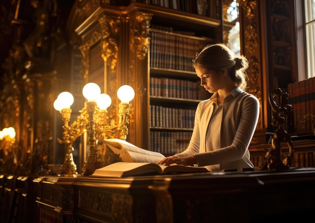 Inspirowany klasycyzmem obraz stażysty pracującego w wielkiej i bogato zdobionej bibliotece otoczonej wieżami