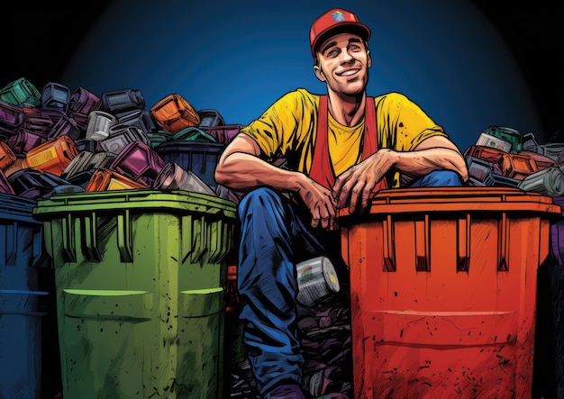 Zdjęcie inspirowany pop-artem wizerunek śmieciarza otoczonego dużymi pojemnikami na śmieci, pomalowanymi pogrubioną czcionką