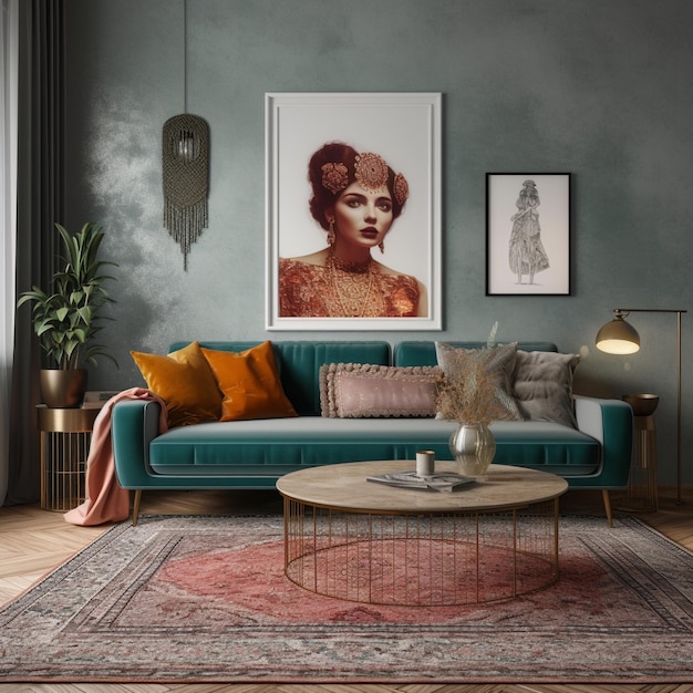 Inspirowany stylem vintage salon z aksamitną sofą i perskim dywanem