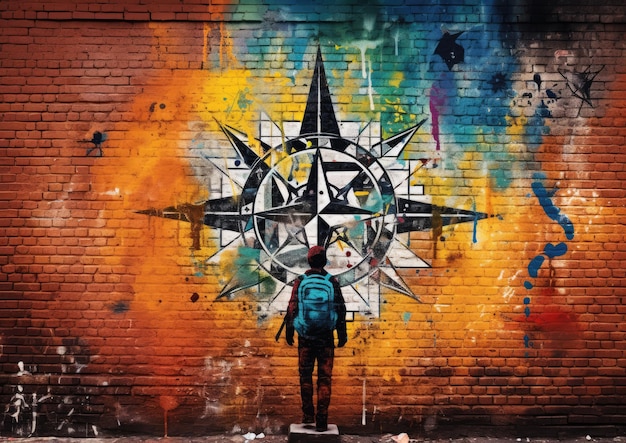 Inspirowany sztuką uliczną obraz sylwetki nawigatora namalowany na ceglanym murze otoczonym przez