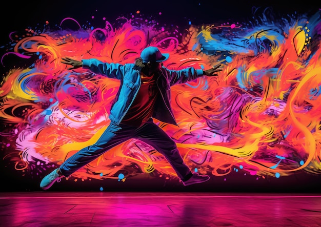 Zdjęcie inspirowany sztuką uliczną wizerunek performera tańczącego przed kolorową ścianą pokrytą graffiti