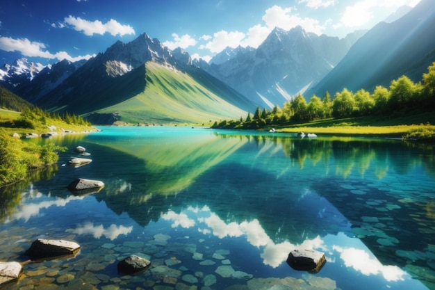 Inspirujący krajobraz przedstawiający wspaniałe góry i spokojną scenę wodną