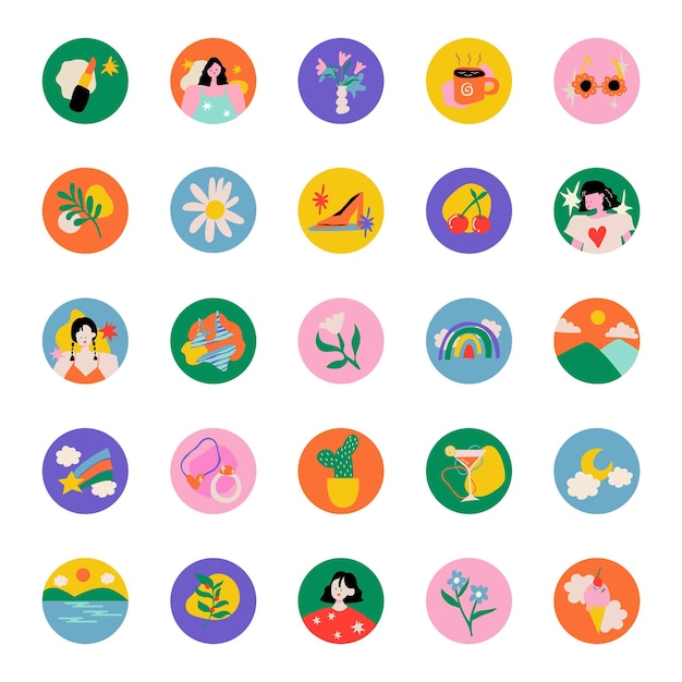 Instagram highlight icon png lifestyle ilustracja w kolorowym zestawie retro