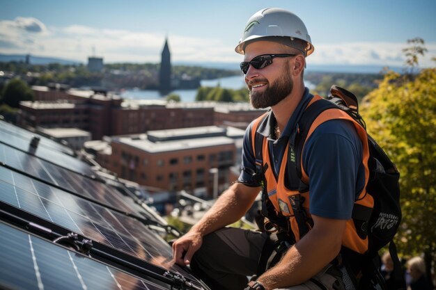 Zdjęcie instalacja zielonej energii elektryk montuje panele słoneczne na dachu