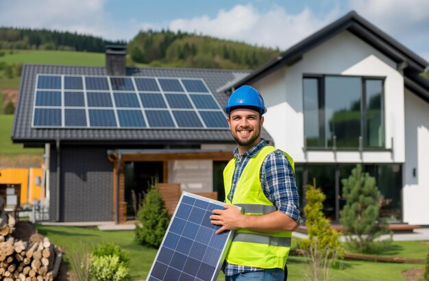 Instalator w hełmie bezpieczeństwa trzymający panel słoneczny z domem zasilanym energią słoneczną w tle