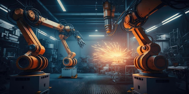 Inteligentna fabryka z robotami na linii produkcyjnej