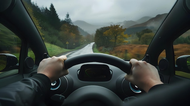 Zdjęcie inteligentna kierownica samochodu pod kontrolą przygodowa podróż samochodowa po malowniczych drogach wiejskich