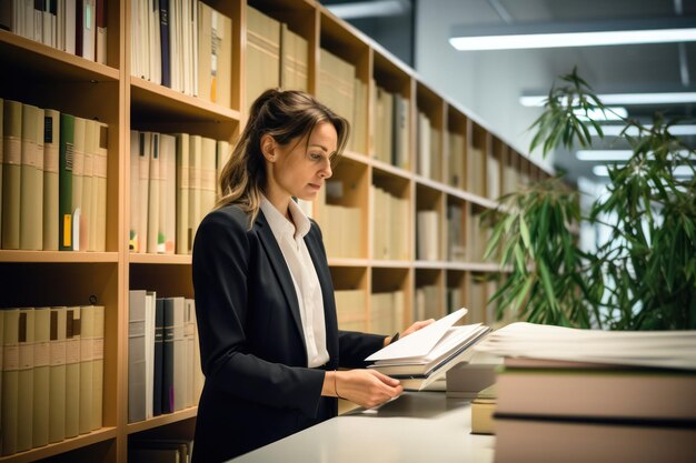 Inteligentna młoda dorosła studentka zajęta studiowaniem książki w bibliotece uniwersyteckiej