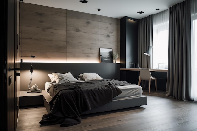 Inteligentna nowoczesna sypialnia to zaawansowana technologicznie i stylowa przestrzeń, która wykorzystuje technologię inteligentnego domu w celu zwiększenia komfortu i wygody użytkownika Generative AI