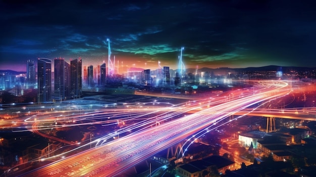 Inteligentne cyfrowe miasto z szybkim śladem świetlnym samochodów cyfrowego transferu danych Generative AI