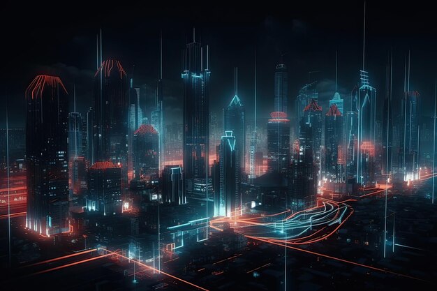 Inteligentne i duże miasto ze świecącymi cząstkami neonowymi projektami połączeń Koncepcja technologii połączenia dużych zbiorów danych Generacyjna sztuczna inteligencja