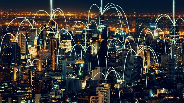 Inteligentne miasto cyfrowe z abstrakcyjną grafiką globalizacji przedstawiającą sieć połączeń