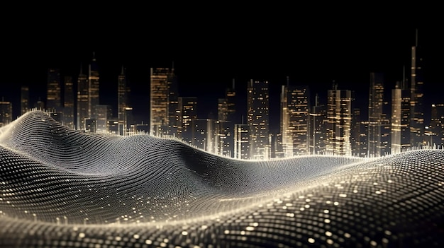 Inteligentne miasto i abstrakcyjny punkt kropki łączą się z linią gradientu i estetyczną, skomplikowaną linią fal Koncepcja technologii połączenia dużych zbiorów danych Generacyjna sztuczna inteligencja