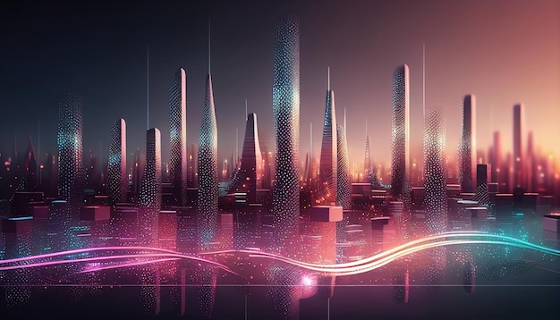Inteligentne miasto i abstrakcyjny punkt kropki łączą się z linią gradientu i estetyką Koncepcja technologii połączenia dużych zbiorów danych Generatywna sztuczna inteligencja skomplikowany projekt linii fal