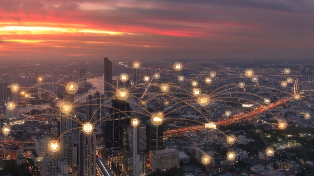 Inteligentne miasto i sieć komunikacyjna internet rzeczy połączenie technologia metaverse