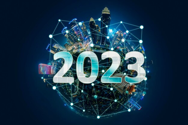Inteligentne miasto na niebie z numerami 2023