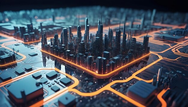 Inteligentne miasto na płytce obwodowej Koncepcja futurystycznej cyberprzestrzeni