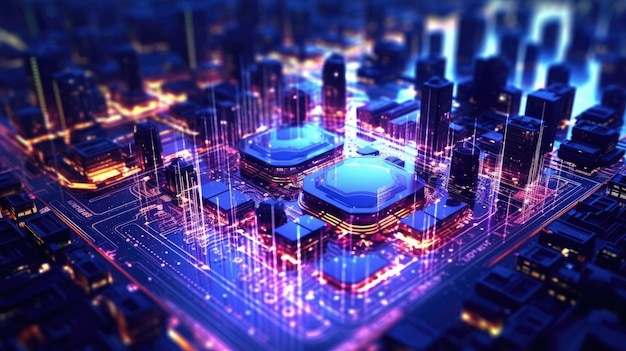 Inteligentne miasto na płytce obwodowej tło Futuristyczna koncepcja cyberprzestrzeni