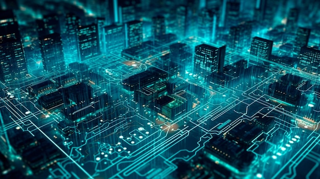 Inteligentne Miasto Na Tle Płytki Drukowanej Koncepcja Futurystycznej Cyberprzestrzeni Generative Ai
