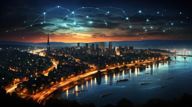 inteligentne miasto z bezprzewodową siecią komunikacyjną abstrakcyjny obraz wizualny internet rzeczy z widokiem nocnym