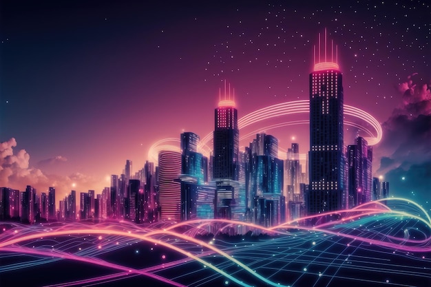 Inteligentne miasto z grafiką sieci komunikacyjnej łączącą miasto z siecią bezprzewodową