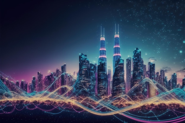 Inteligentne miasto z grafiką sieci komunikacyjnej łączącą miasto z siecią bezprzewodową